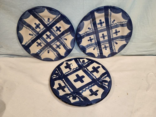 JOHN B. TAYLOR/LOUISVILLE POTTERY, Blue Plaid Dinner Plates, Set of 3 NICE!