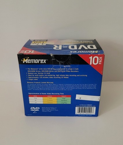 Pack de 10 DVD-R Memorex 4,7 Go 120 min neuf scellé en usine - Photo 2/6