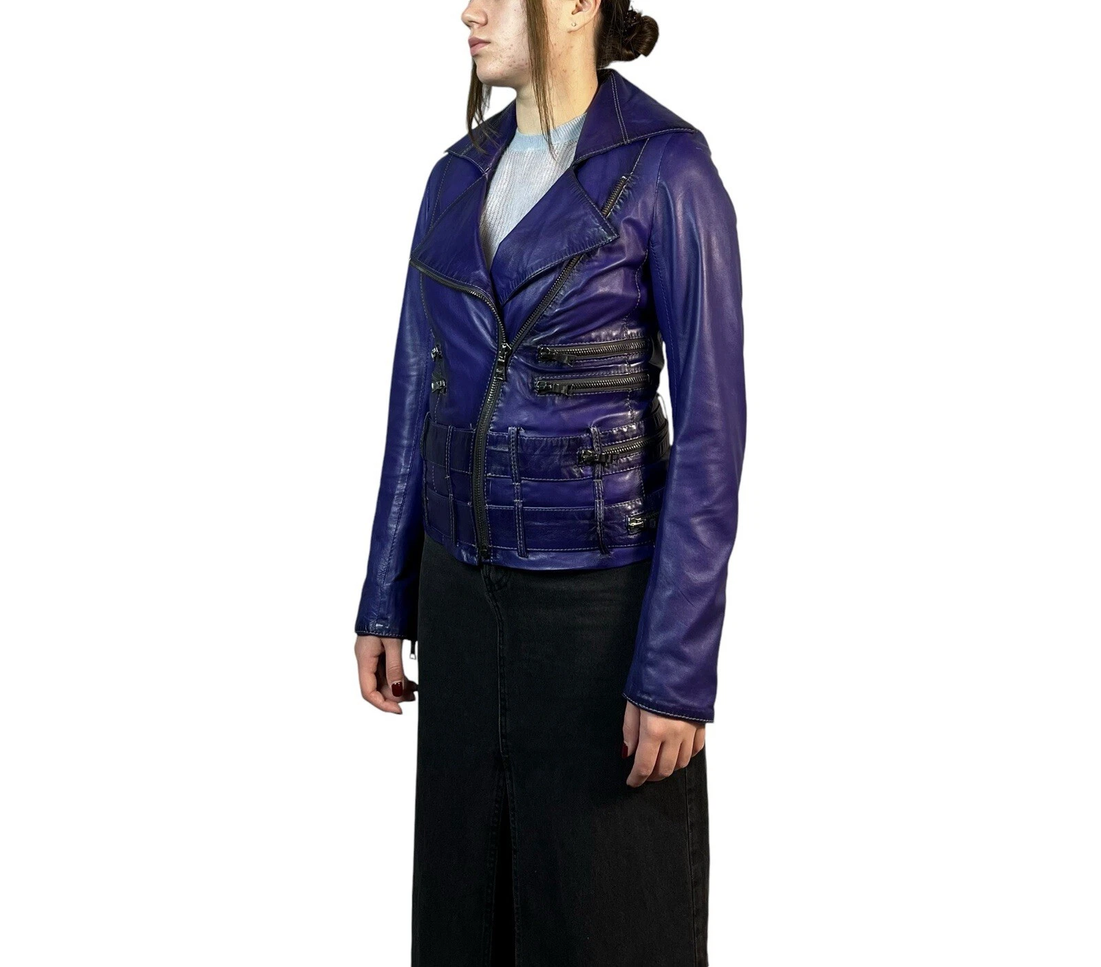 Giacca biker donna pelle Gucci vintage anni 80 full zip cintura zip viola taglia S