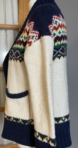 AEO Women’s Nordic Sweater Sz S Open Front Collared White Blue Knit Pockets - Picture 3 of 13