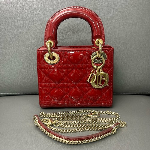 Dior Lady Dior Mini Red Patent Leather Gold Hardware Handbag
