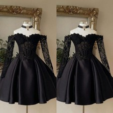 Satin Wedding Dresses with Long Sleeves Tea Length Gothic Black Bridal Gowns