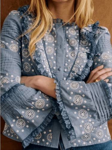 NWT Sezane Nele Shirt in Vintage Blue, French Romantic Top Sz 38, $239 F39