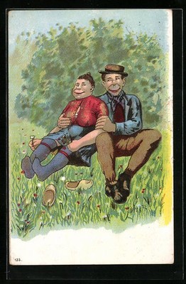 Postcard man sitting with woman on a flower meadow, erotic 1907 
