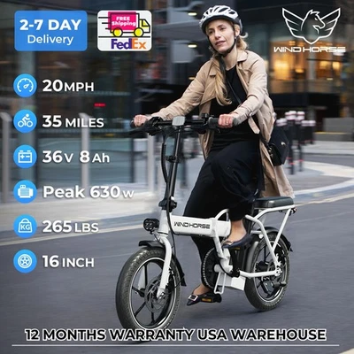 WINDHORSE 16" Electric Bike with Seat for Adult, 35 Miles 20 mph Folding Commuter eBike