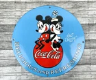 VINTAGE 12" COCA-COLA MICKEY MINNIE WALT DISNEY SODA POP PORCELAIN OIL GAS SIGN