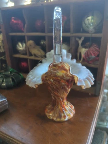 Fenton Vintage Vasa Murrhina Autumn  Orange Glass Basket Vase 1964-68