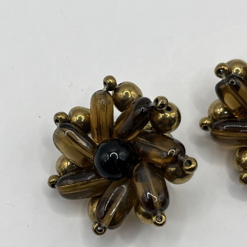 Vintage Style Amber Glass Bead CLIPON Earrings Gold Tone MCM Mad Man Style Retro - Photo 5/10