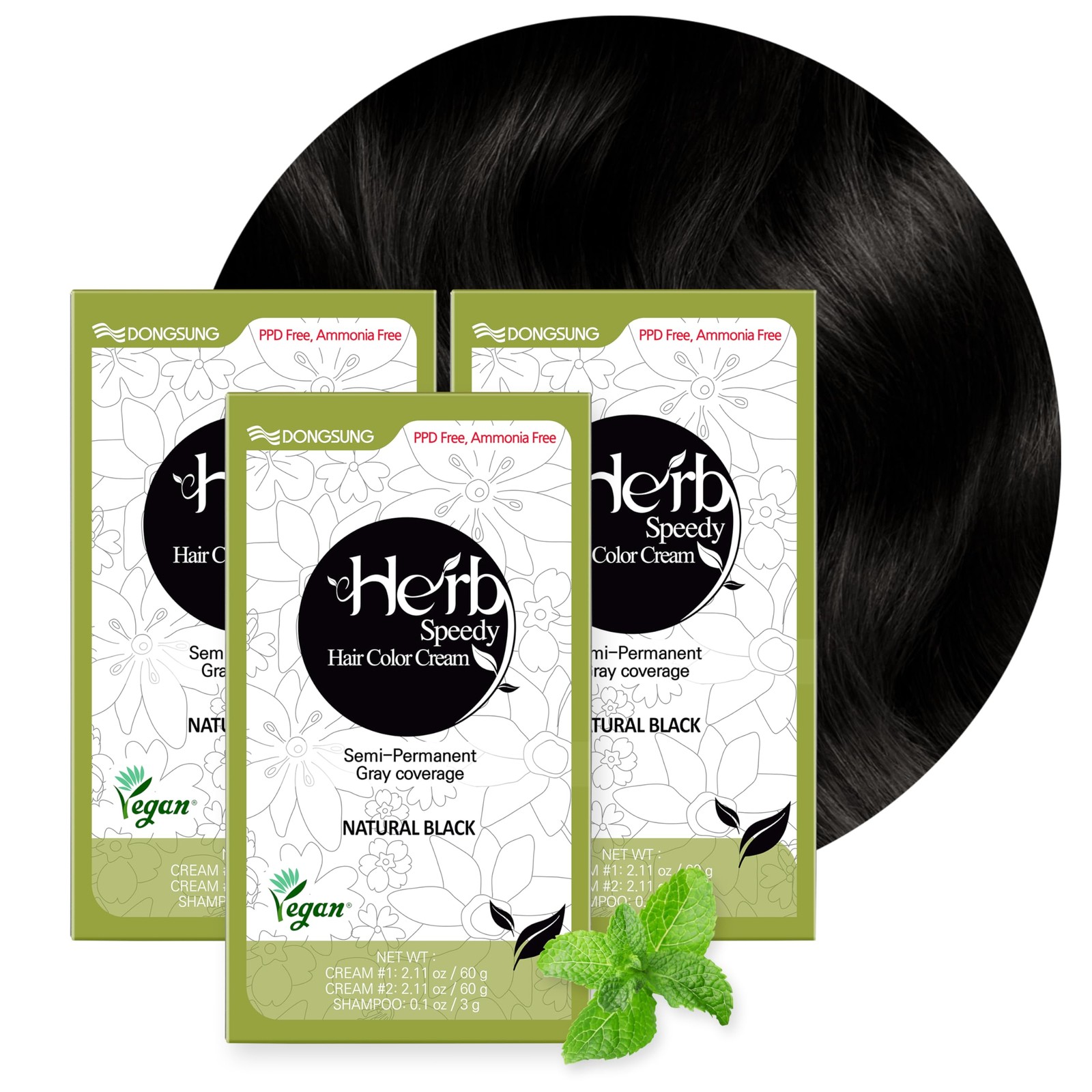 Korean Herbal Vegan Hair Dye - Natural Black 3-Pack, PPD-Free, 100% Gray