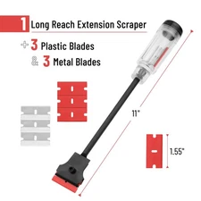 Long Handle 11" Razor Blade Scraper 3 Metal 3 Polastic Blades Tool Window Glass