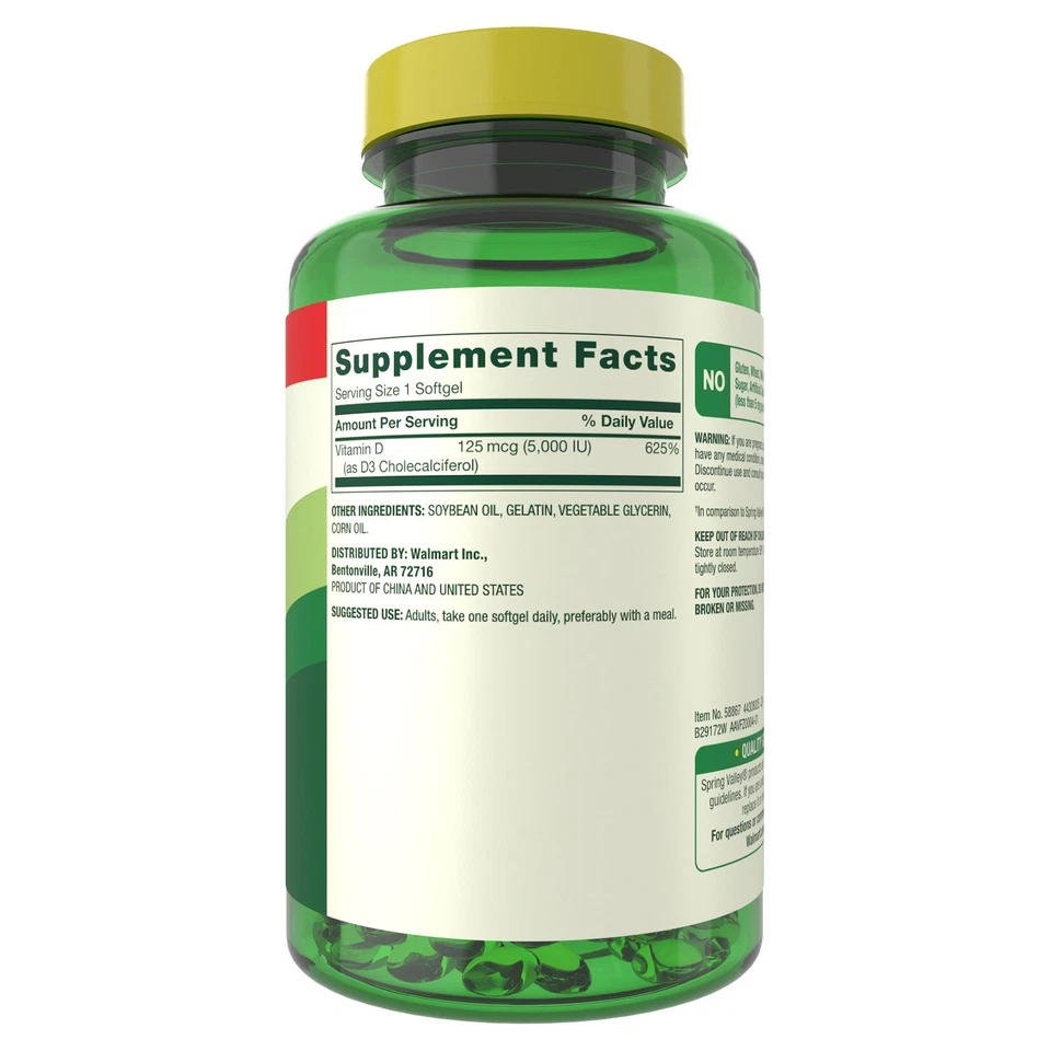 Spring Valley Vitamin D3 Softgels, 125 mcg per Softgel, 5,000 IU, 400 Count - Image 3 of 4