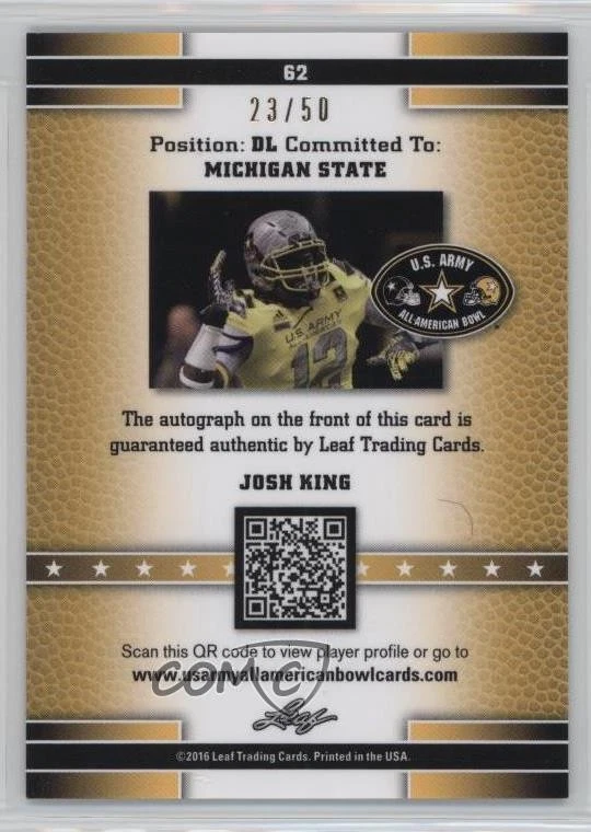 2016 Leaf US Army All-American Bowl Metal Blue Prismatic /50 Josh King #62 Auto - Image 2 of 2