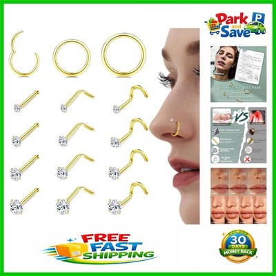 Fashionable 15Pcs Nose Rings - Hypoallergenic Surgical Steel & CZ - Gift-Ready