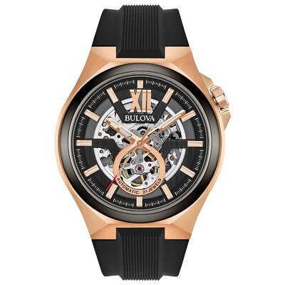 Bulova Men's Maquina Automatic Full Skeleton Black Silicon Watch 46 MM 98A177