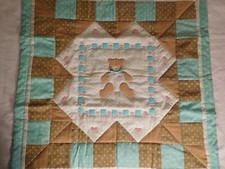 Vintage 1970's Blue, Pink  Brown Teddy Bear  Hearts sm.26"sq. Quilted Blanket