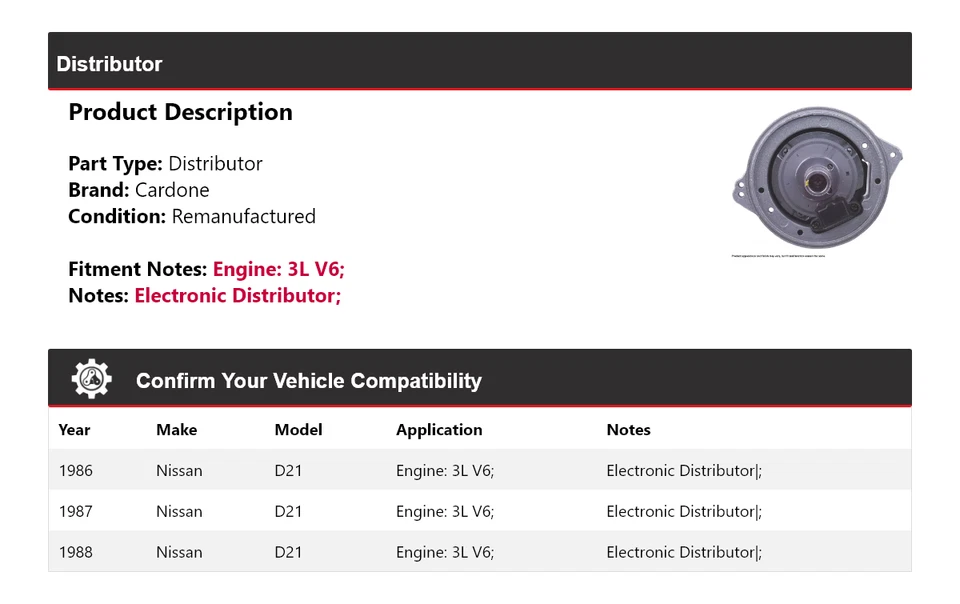 Para 1986-1988 Nissan D21 3L V6 Distribuidor Cardone 1987 - Imagem 2 de 4