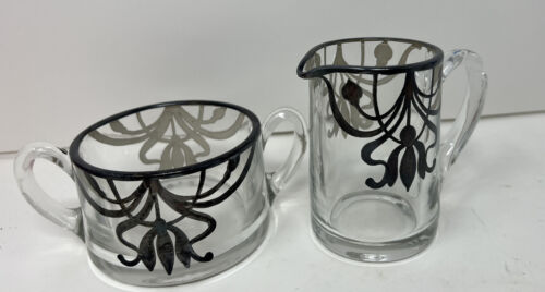 Glass Creamer Sugar Bowl VTG Silver Overlay Art Nouveau Design - Picture 1 of 4