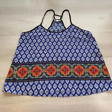 Love Tree Happens Womens Tank Top Large Blue Flowy Racerback Moroccan Pattern