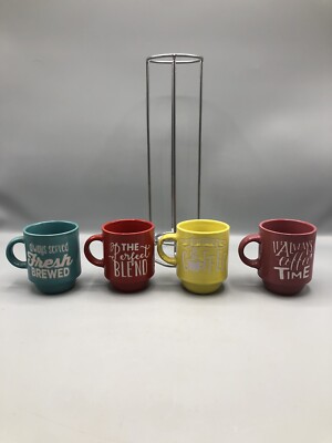 Colorful Stackable Espresso Mug Set of 4 With Stand, Coffee Sayings, 4oz |  eBay