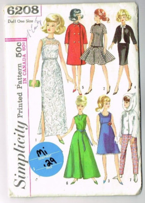 1960's Fashion Doll Clothing Pattern Simplicity 6208 11.5'' Dolls Uncut Vintage
