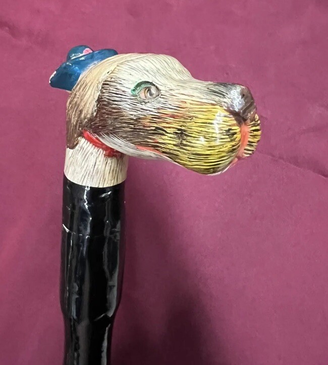 Antique American Folk Art Bamboo Hand Carved, Hand Painted Dog