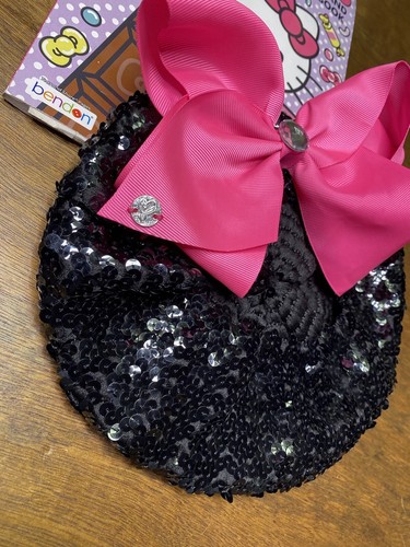 Girls Tam Hat Black sequins Beret With Pink Bow Osfa - Picture 3 of 10