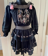 LOVE SHACK FANCY Cotton Embroidered Party Dress Navy w/Pink Trim S + FREE Boots