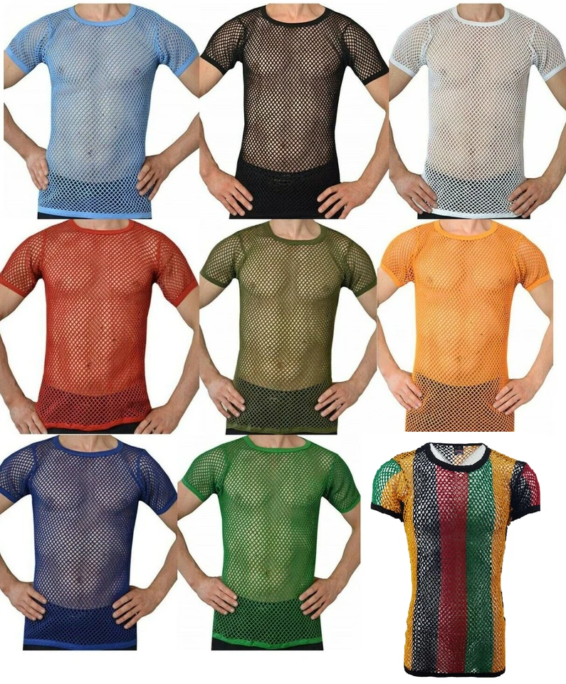 CRYSTAL KRISTALL HERREN SAITENNETZ RASTA BAUMWOLLNETZ KURZARM T-SHIRT TOP NEU