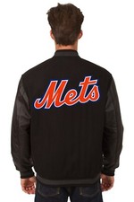 MLB New York Mets Wool Leather Reversible Jacket Embroidered Logos Black JHD