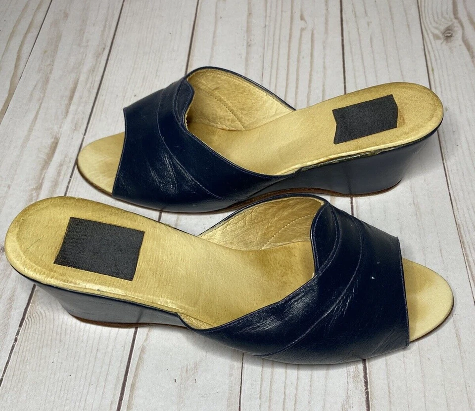 Womens vintage leather sandals shoes wedge heels peep toe 35 5 5.5  Blue slip on - Image 4 of 4