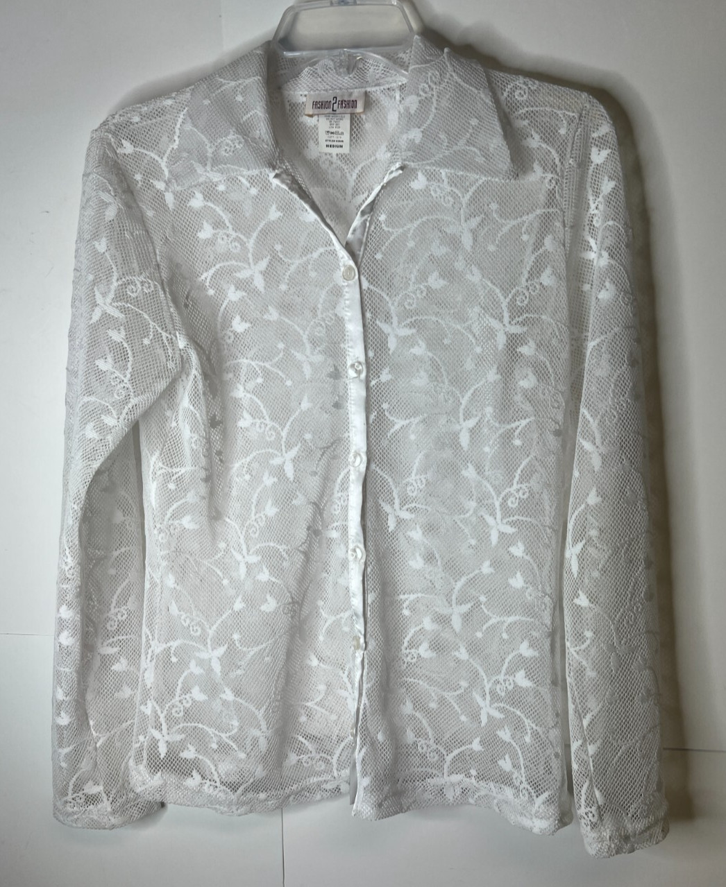 Vintage Fashion2Fashion Womens Medium White Fishnet & Lace Long Sleeve Shirt Top