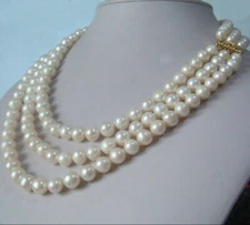 3 row strands natural 9-10mm akoya white pearl necklace 18"20"22" 14K gold clasp