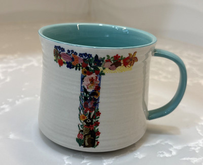 Nathalie Lete by Anthropologie Letter T Mug Cup Coffee Tea Floral Monogram Teal