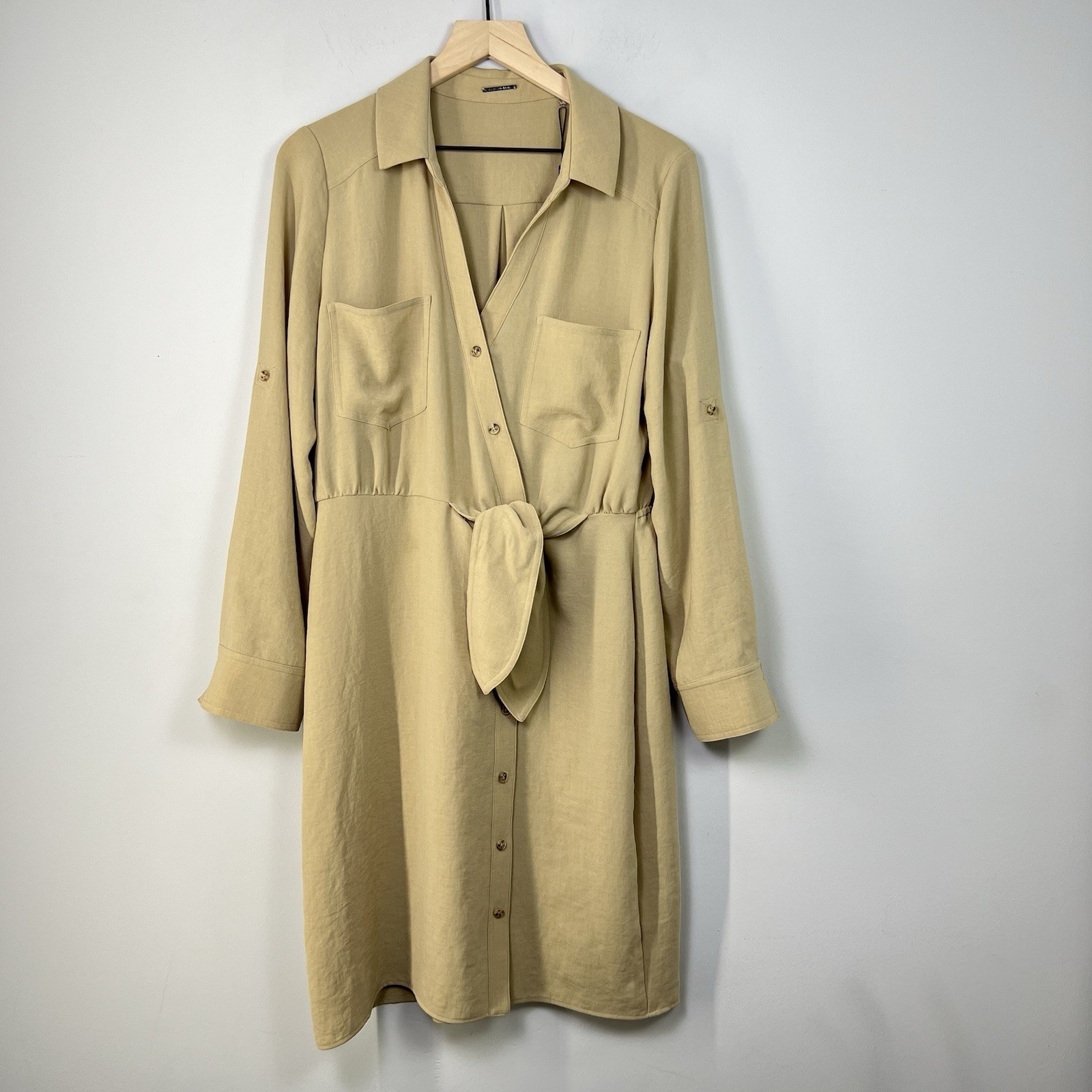 Elie Tahari Tie Waist Shirt Dress Sandcastle Beige Button Front NWT Size 10
