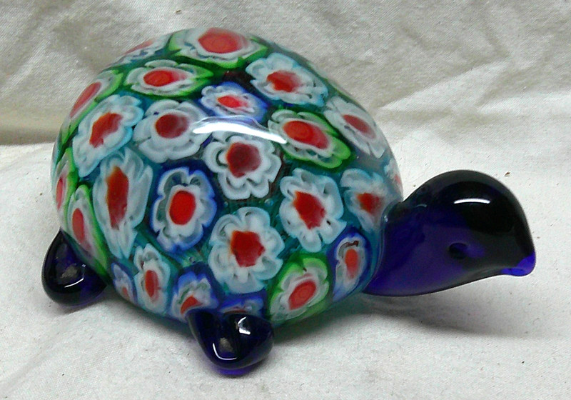 Hand Blown Art Glass Turtle Paperweight Floral Design