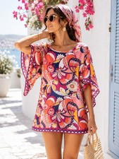 Trina Turk Floral Cover Up Tunic Dress Large Pink Multicolor Resort