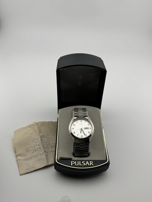 #ad Pulsar Men’s Day Date Quartz Watch Silver Dial Speidel Band NOS Box Receipt $69.97