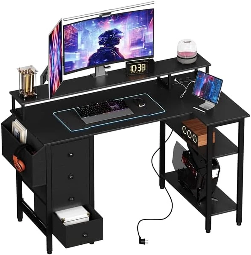 Scrivania angolare L 140 cm bianca con 2 ripiani, ampio piano di lavoro, moderna per computer e ufficio a casa | Leroy Merlin