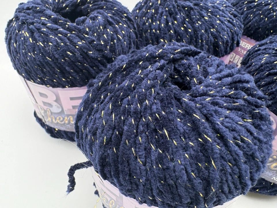 Lote de 7 hilados Bernat Chenille Fifth Avenue 'Navy Glitter' dorados Worsted amigurumi Foto 2 de 4