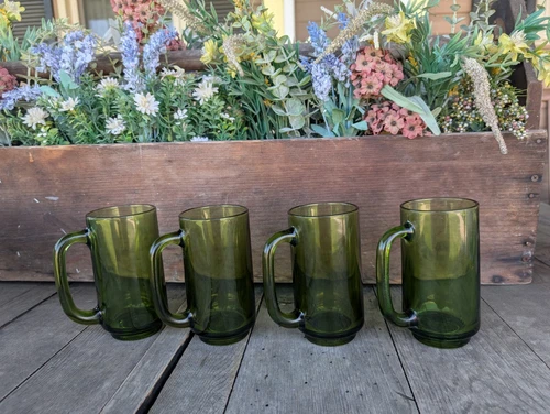 Vintage Hazel-Atlas El Dorado Avocado Green Handled 12oz Beer Mugs (4)