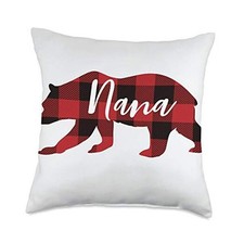Best Gifts for Grandma Nana Bear Red Buffalo Plaid Christmas Throw Pillow 18x18