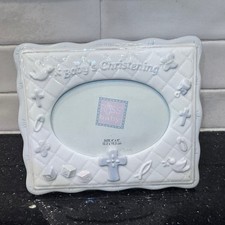 Russ Baby Ceramic Christening Picture Frame White Blue 4x6 Oval Baptism Keepsake