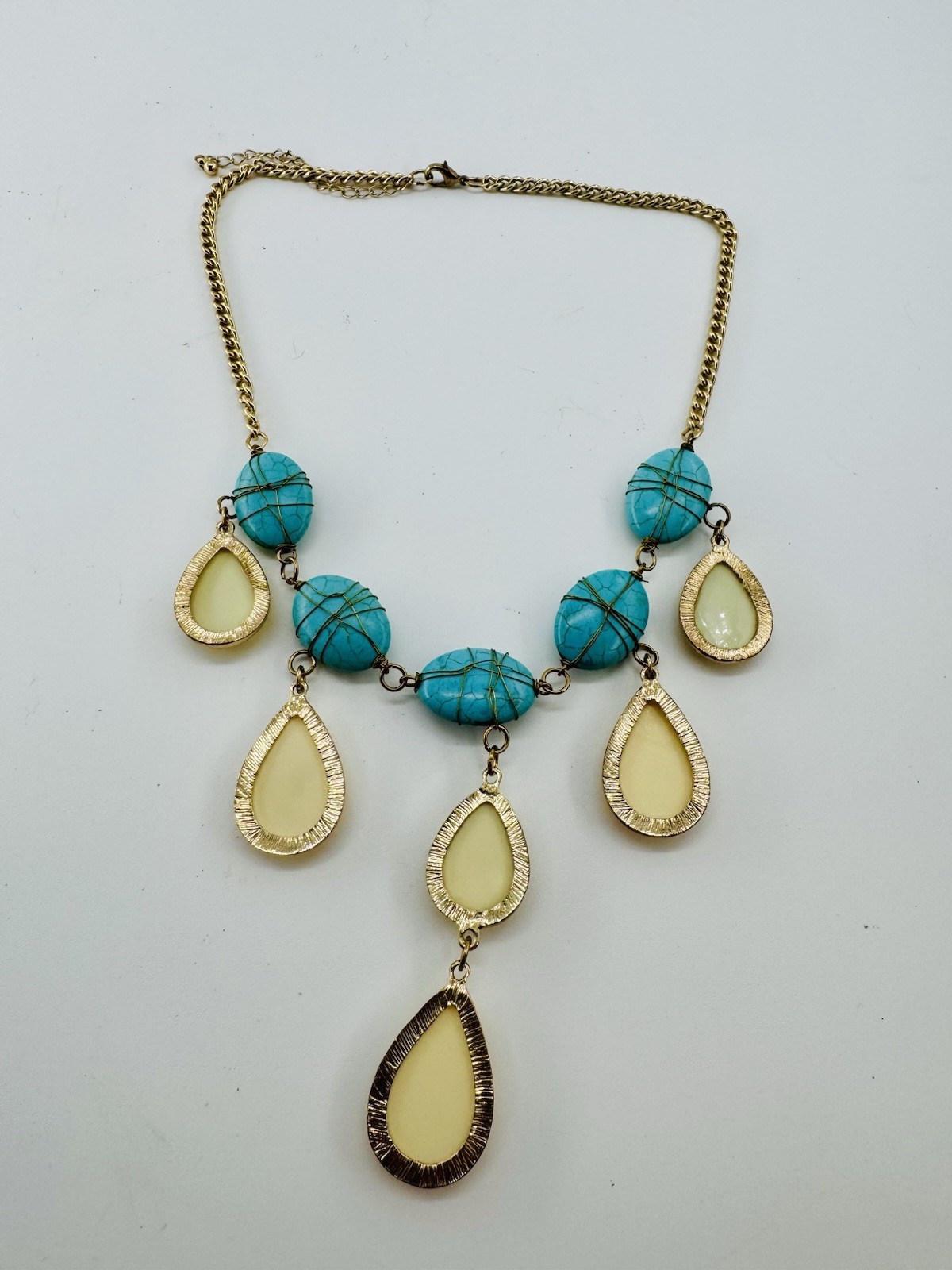 Turquoise Yellow Statement Necklace Teardrop Boho… - image 7