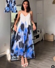 ZARA BNWT 2025. ECRU BLUE TIE DYE RAMIE PRINT DRESS STRAPS. Size S 2787/193