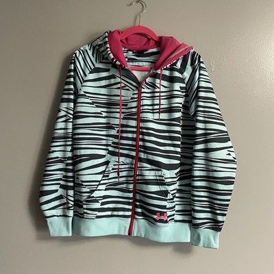 Women's UnderArmour Hoodie Med Semi Fit Full Zip Teal Blue Pink Striped Pockets
