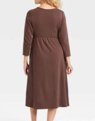 dark brown maternity dress SHEIN Dark Brown Maternity Dress Clothes Comfortable Baby Shower Crisscross Laces Wooden Bead Embellishments Keyhole Neck Flared Hem Regular,M