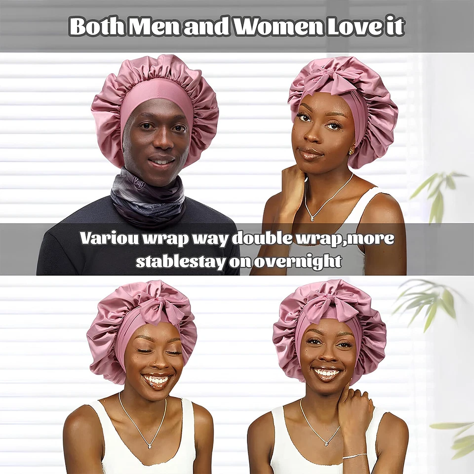 Gorra de dormir nocturna con gorro de satén para mujeres sombrero de seda cubierta de cabeza banda elástica ancha Foto 4 de 4