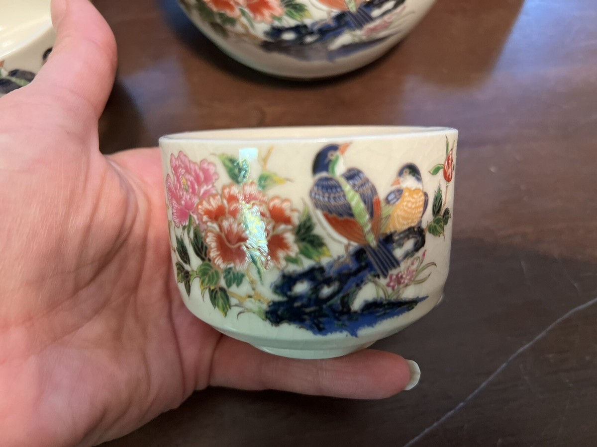 VTG OMC Japan Otagiri Tea Set Birds Flowers Pattern Bamboo Handle