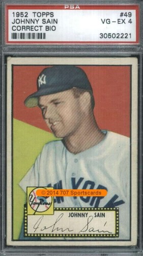 Johnny Sain [Red Back] #49 1952 Topps card