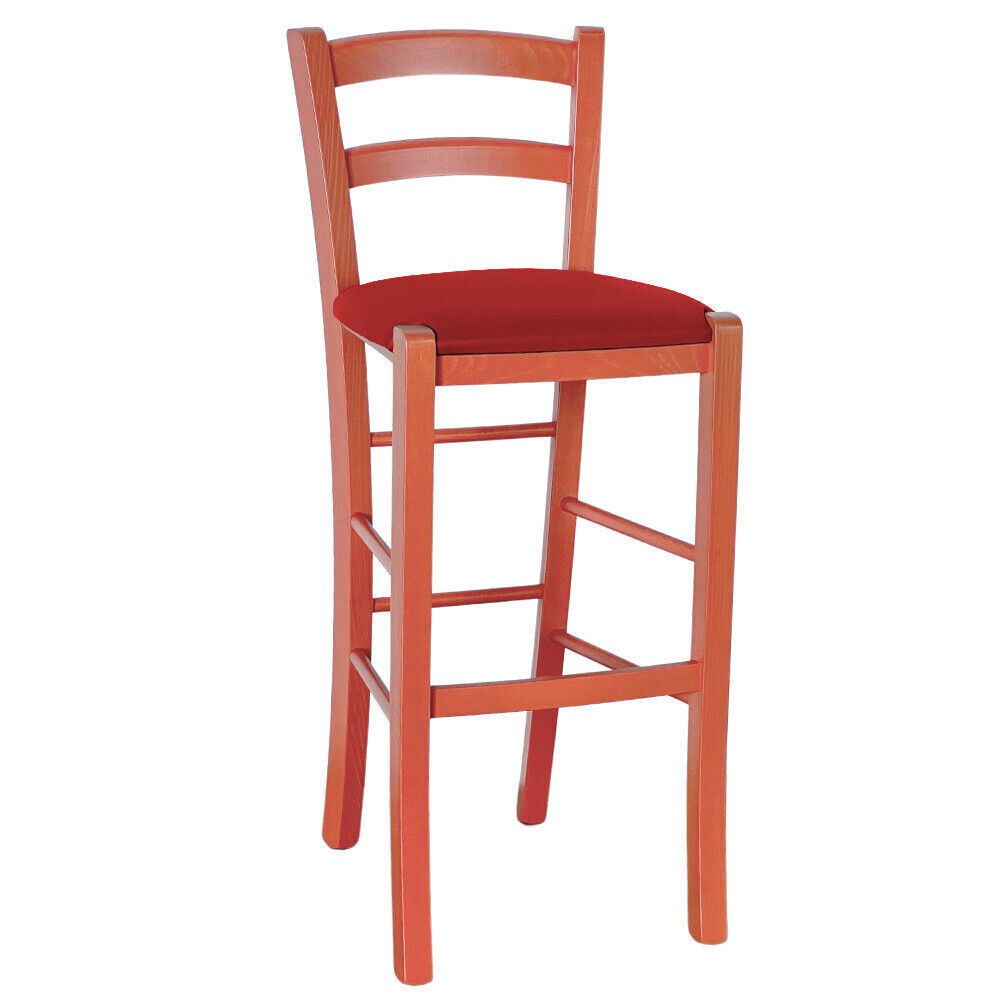 Taburete Alto de Madera Naranja H 73 CM Rústico Con Asiento Polipiel Roja